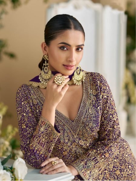 Royal Amethyst Georgette Palazzo Suit Swarovski Embroidery for Evening Glam Designer Plazzo Salwar Suits Wholesale