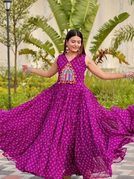 Amethyst Purple Fox Georgette Embroidered Mirror Work Gown for Garba Wear 