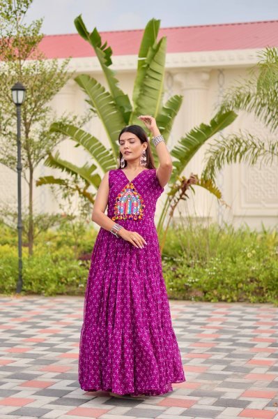 Amethyst Purple Fox Georgette Embroidered Mirror Work Gown for Garba Wear Navratri Collection
