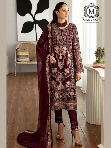 Royal Aura Maroon Georgette Embroidered Suit for Mehfil Wear by Maryams Salwar Kameez