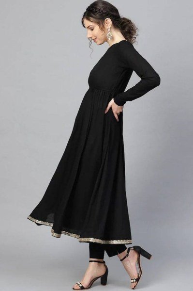 Royal Black Anarkali Kurti Set – Cotton Fabric & Checked Dupatta Cotton Kurtis Wholesale