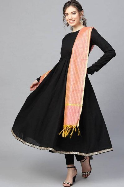 Royal Black Anarkali Kurti Set – Cotton Fabric & Checked Dupatta Cotton Kurtis Wholesale