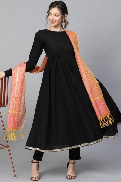 Royal Black Anarkali Kurti Set – Cotton Fabric & Checked Dupatta Cotton Kurtis Wholesale