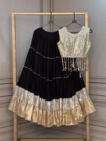 Royal Black Designer Rayon Frill Lehenga with Dori Latkan and Gold Organza Blouse at Wholesale Rate 
