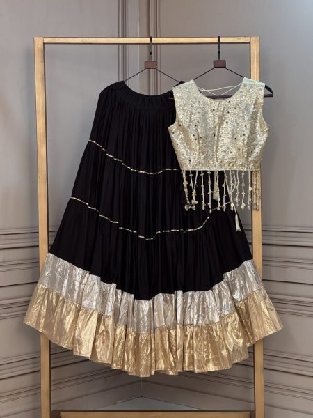 Royal Black Designer Rayon Frill Lehenga with Dori Latkan and Gold Organza Blouse at Wholesale Rate Navratri Lehnega Choli