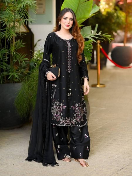 Royal Black Heavy Satin Glass Party Wear Ensemble with Embroidered Farshi Pant Ready To Wear Suit
