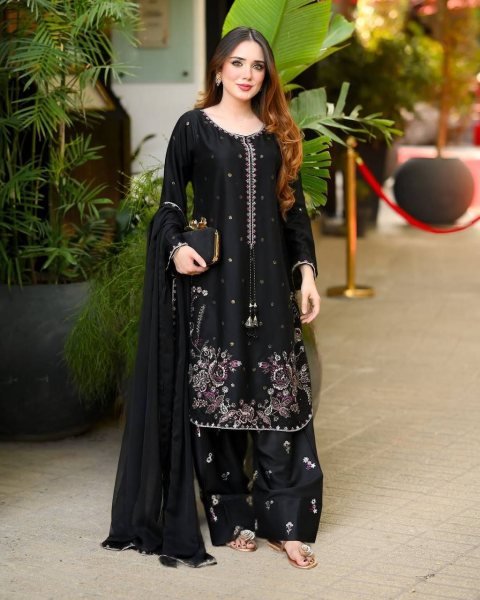 Royal Black Heavy Satin Glass Party Wear Ensemble with Embroidered Farshi Pant Ready To Wear Collection