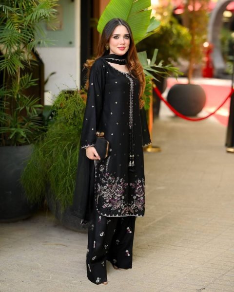 Royal Black Heavy Satin Glass Party Wear Ensemble with Embroidered Farshi Pant Ready To Wear Collection