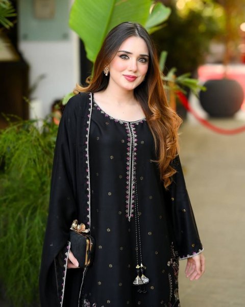 Royal Black Heavy Satin Glass Party Wear Ensemble with Embroidered Farshi Pant Ready To Wear Collection