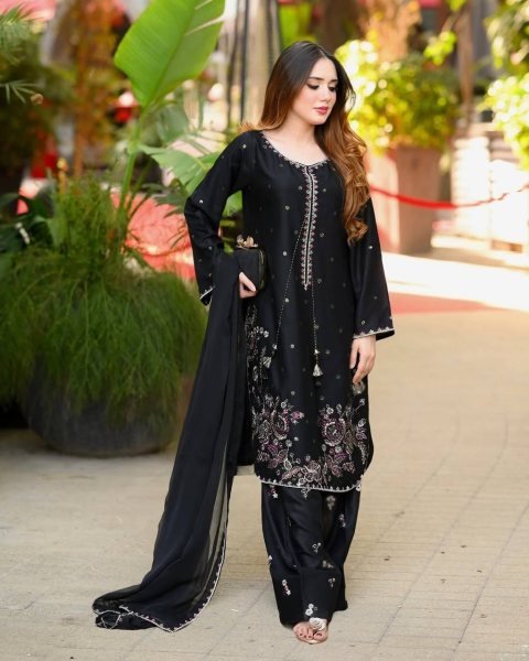 Royal Black Heavy Satin Glass Party Wear Ensemble with Embroidered Farshi Pant Ready To Wear Collection