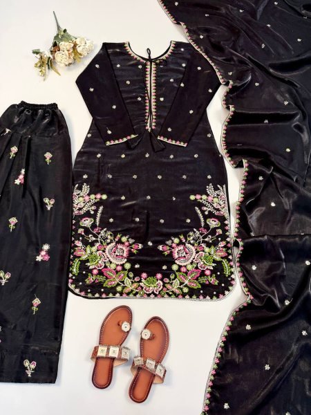 Royal Black Heavy Satin Glass Party Wear Ensemble with Embroidered Farshi Pant Ready To Wear Collection