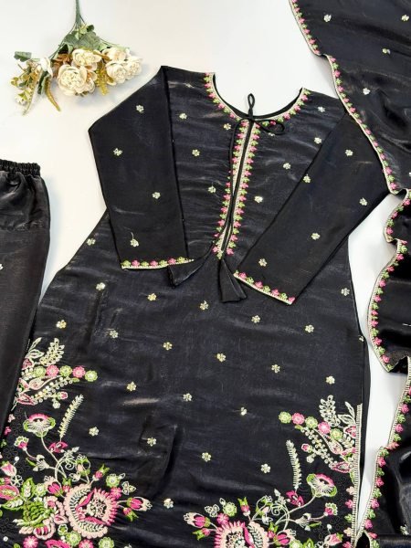 Royal Black Heavy Satin Glass Party Wear Ensemble with Embroidered Farshi Pant Ready To Wear Collection