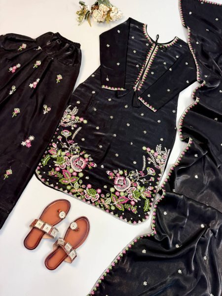 Royal Black Heavy Satin Glass Party Wear Ensemble with Embroidered Farshi Pant Ready To Wear Collection