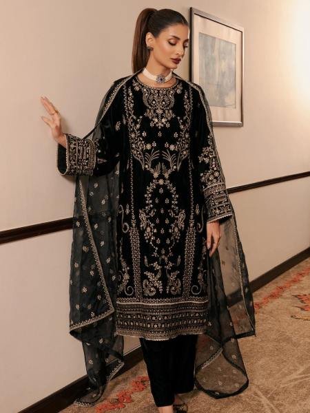 Royal Black Pakistani Natural Crepe Salwar Kameez with Embroidery and Net Dupatta  Ready To Wear Suit
