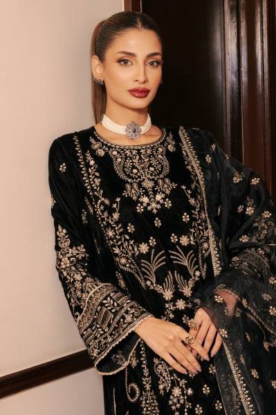 Royal Black Pakistani Natural Crepe Salwar Kameez with Embroidery and Net Dupatta  Ready To Wear Collection