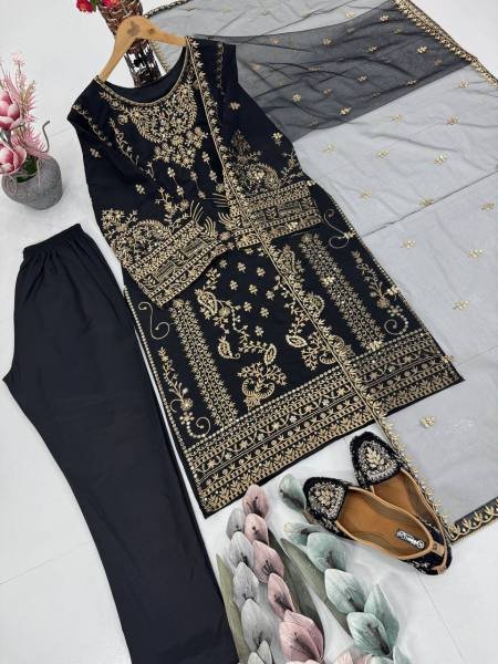 Royal Black Pakistani Natural Crepe Salwar Kameez with Embroidery and Net Dupatta  Ready To Wear Collection