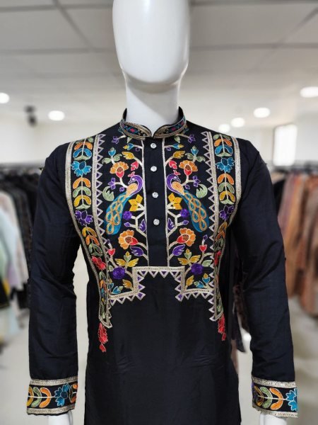 Royal Black Silk Embroidered Kurta Pajama for Men Designer Wedding Collection Kurta Pajama Wholesale