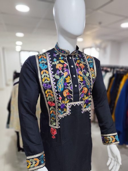 Royal Black Silk Embroidered Kurta Pajama for Men Designer Wedding Collection Kurta Pajama Wholesale