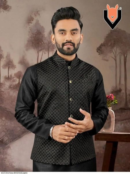 Royal Black Tone to Tone Designer Silk Kurta Pajama Koti Full Set for Men Premium Ready to Wear Ethnic Full Set for Resellers  Kurta Pajama Wholesale