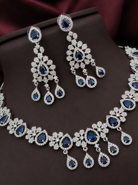 Royal Blue American Diamond Necklace Set for Weddings & Receptions at Wholesale Rate 