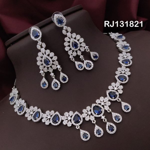 Royal Blue American Diamond Necklace Set for Weddings & Receptions at Wholesale Rate Fashion Accessories Wholesale
