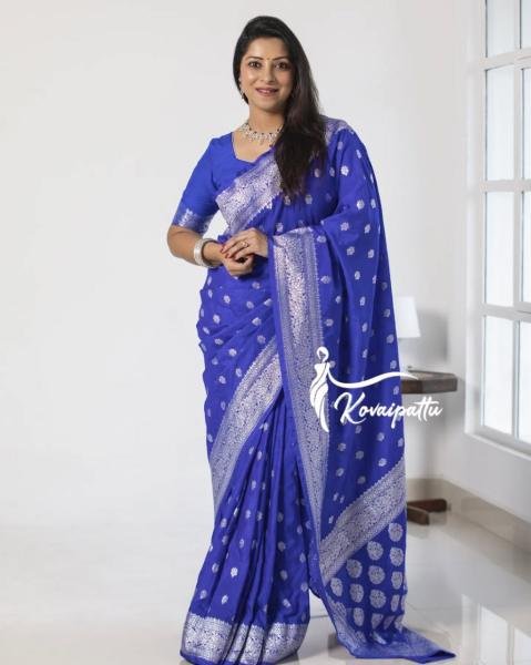 Royal Blue Banarasi Soft Silk Saree with Silver Zari Border at Manufacturer Rate Silk Sarees Wholesale