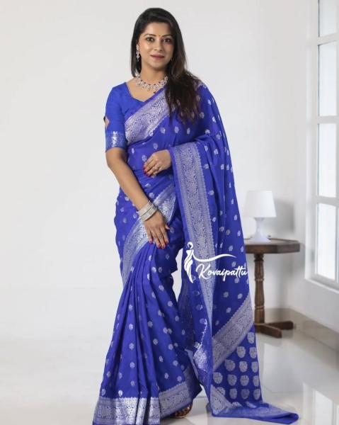 Royal Blue Banarasi Soft Silk Saree with Silver Zari Border at Manufacturer Rate Silk Sarees Wholesale