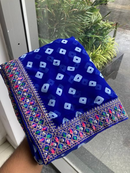Royal Blue Bandhani Georgette Saree with Lace Border Ideal for Functions Georgette Sarees Wholesale