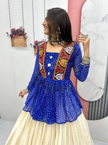 Royal Blue Bandhej Khadi Cotton Lehenga with Gamthi Mirror Work Dandiya Nights Special  Lehenga