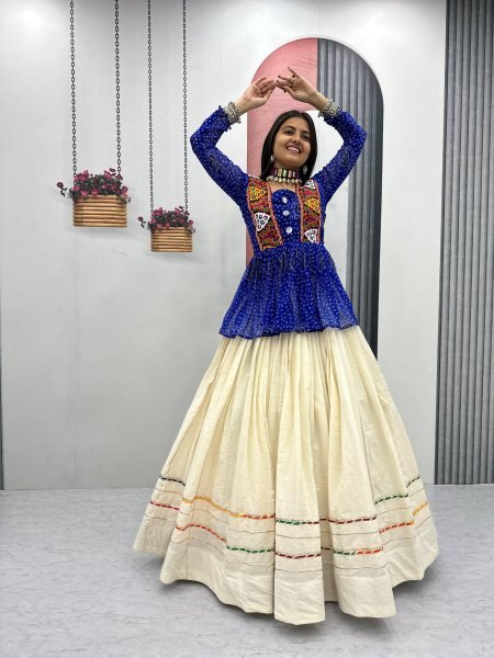Royal Blue Bandhej Khadi Cotton Lehenga with Gamthi Mirror Work Dandiya Nights Special Navratri Lehnega Choli
