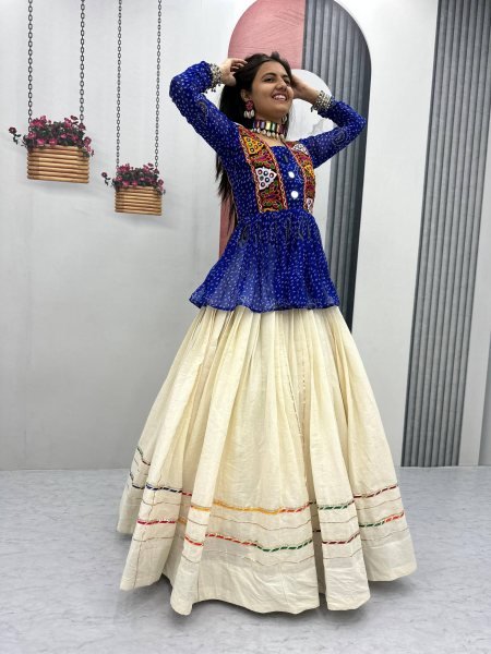Royal Blue Bandhej Khadi Cotton Lehenga with Gamthi Mirror Work Dandiya Nights Special Navratri Lehnega Choli