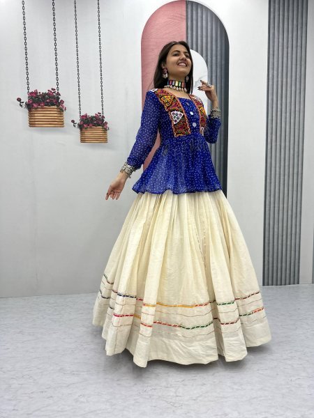 Royal Blue Bandhej Khadi Cotton Lehenga with Gamthi Mirror Work Dandiya Nights Special Navratri Lehnega Choli