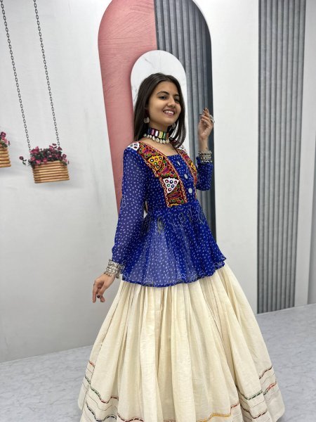 Royal Blue Bandhej Khadi Cotton Lehenga with Gamthi Mirror Work Dandiya Nights Special Navratri Lehnega Choli