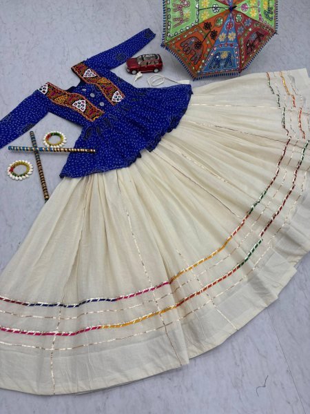 Royal Blue Bandhej Khadi Cotton Lehenga with Gamthi Mirror Work Dandiya Nights Special Navratri Lehnega Choli