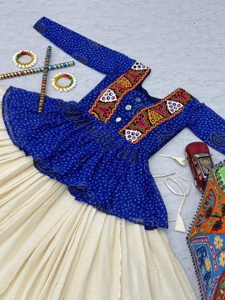 Royal Blue Bandhej Khadi Cotton Lehenga with Gamthi Mirror Work Dandiya Nights Special Navratri Lehnega Choli