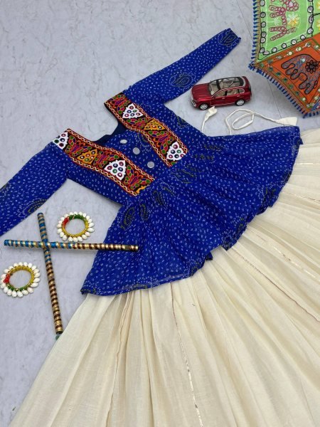 Royal Blue Bandhej Khadi Cotton Lehenga with Gamthi Mirror Work Dandiya Nights Special Navratri Lehnega Choli