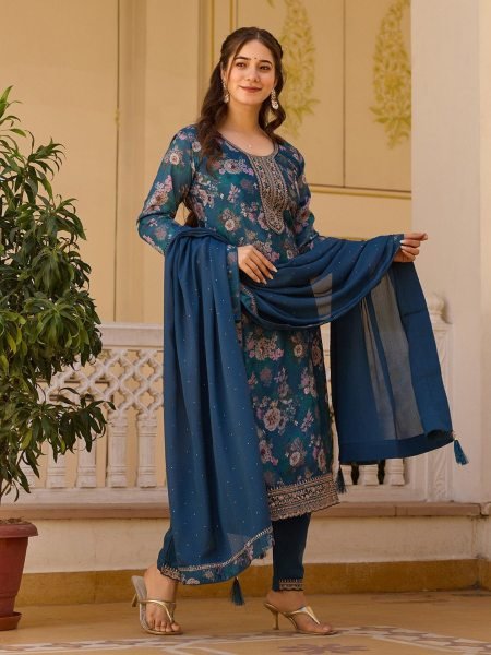 Royal Blue Bloom Elegant Chinon Kurti Set with Sequin Embroidery & Dupatta 3 Piece Kurti Set