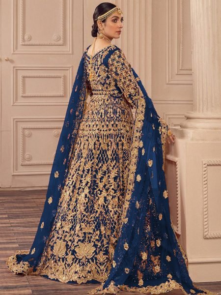Royal Blue Butterfly Net Bridal Gown with Heavy Zari and Dupatta Anarakali Gown Wholesale