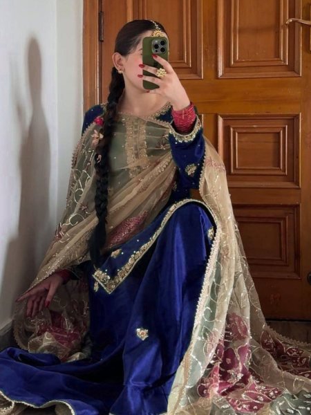 Royal Blue Chinon Palazzo Suit with Heavy Embroidery and Net Dupatta Perfect for Grand Celebrations
