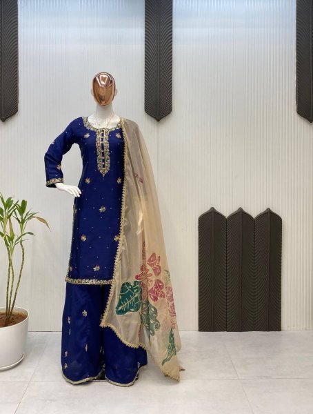 Royal Blue Chinon Palazzo Suit with Heavy Embroidery and Net Dupatta Perfect for Grand Celebrations Ready To Wear Collection