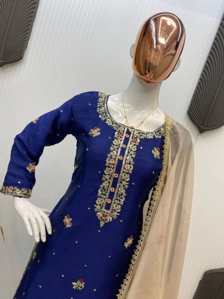 Royal Blue Chinon Palazzo Suit with Heavy Embroidery and Net Dupatta Perfect for Grand Celebrations Ready To Wear Collection