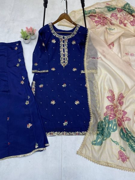 Royal Blue Chinon Palazzo Suit with Heavy Embroidery and Net Dupatta Perfect for Grand Celebrations Ready To Wear Collection