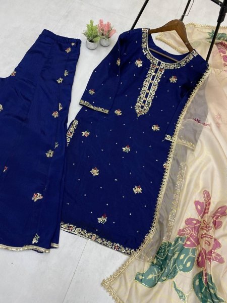 Royal Blue Chinon Palazzo Suit with Heavy Embroidery and Net Dupatta Perfect for Grand Celebrations Ready To Wear Collection
