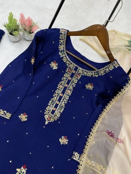 Royal Blue Chinon Palazzo Suit with Heavy Embroidery and Net Dupatta Perfect for Grand Celebrations Ready To Wear Collection