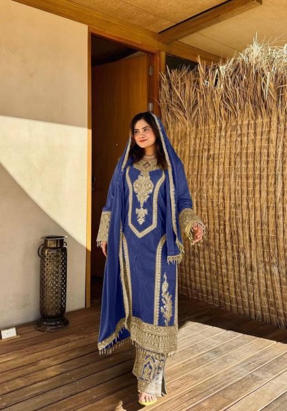 Royal Blue Chinon Silk Embroidered Work Salwar Suit Ready To Wear Collection