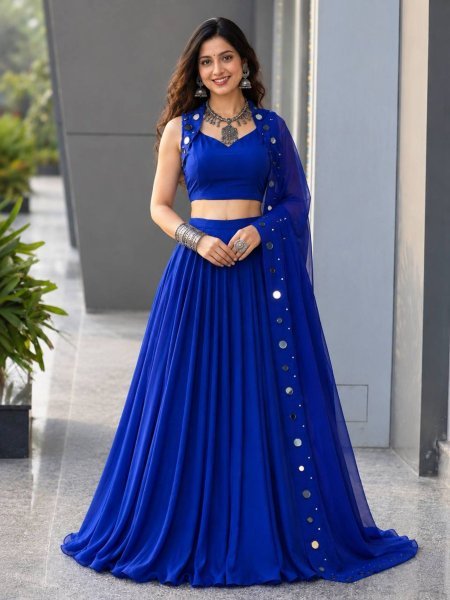 Royal Blue Cotton Garba Lehenga Choli Set with Mirror Work and Embroidered Georgette Dupatta