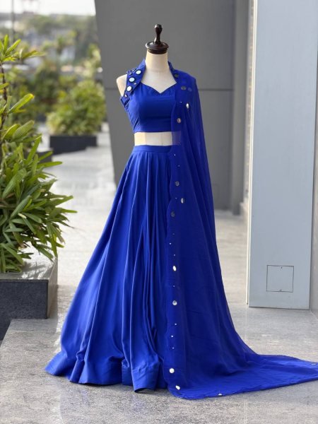 Royal Blue Cotton Garba Lehenga Choli Set with Mirror Work and Embroidered Georgette Dupatta Navratri Lehnega Choli