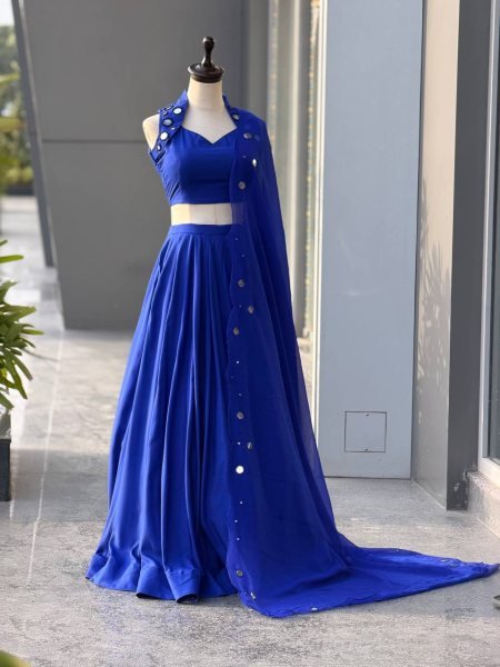 Royal Blue Cotton Garba Lehenga Choli Set with Mirror Work and Embroidered Georgette Dupatta Navratri Lehnega Choli