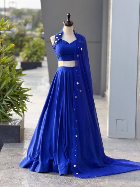 Royal Blue Cotton Garba Lehenga Choli Set with Mirror Work and Embroidered Georgette Dupatta Navratri Lehnega Choli
