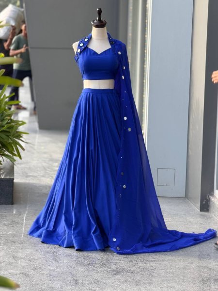 Royal Blue Cotton Garba Lehenga Choli Set with Mirror Work and Embroidered Georgette Dupatta Navratri Lehnega Choli
